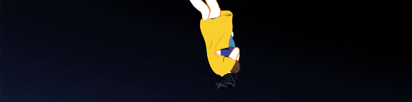 A child and mother falling down while hugging.